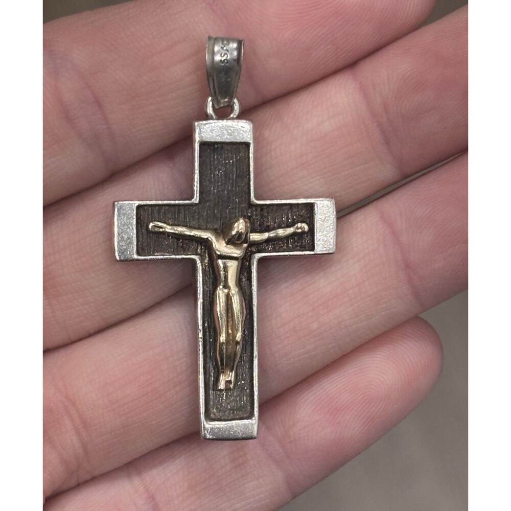 Vintage Michael Anthony Sterling Silver 14K Gold Crucifix Cross Pendant 7.3g